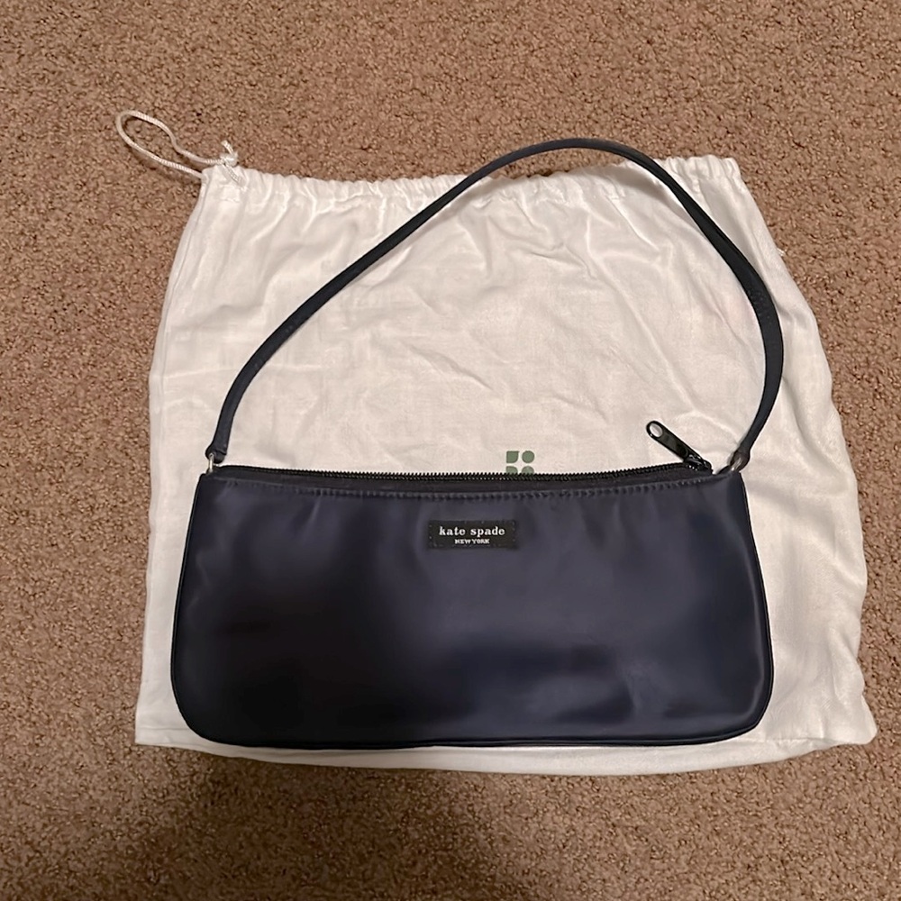 Kate Spade nylon logo shoulder clutch, navy.